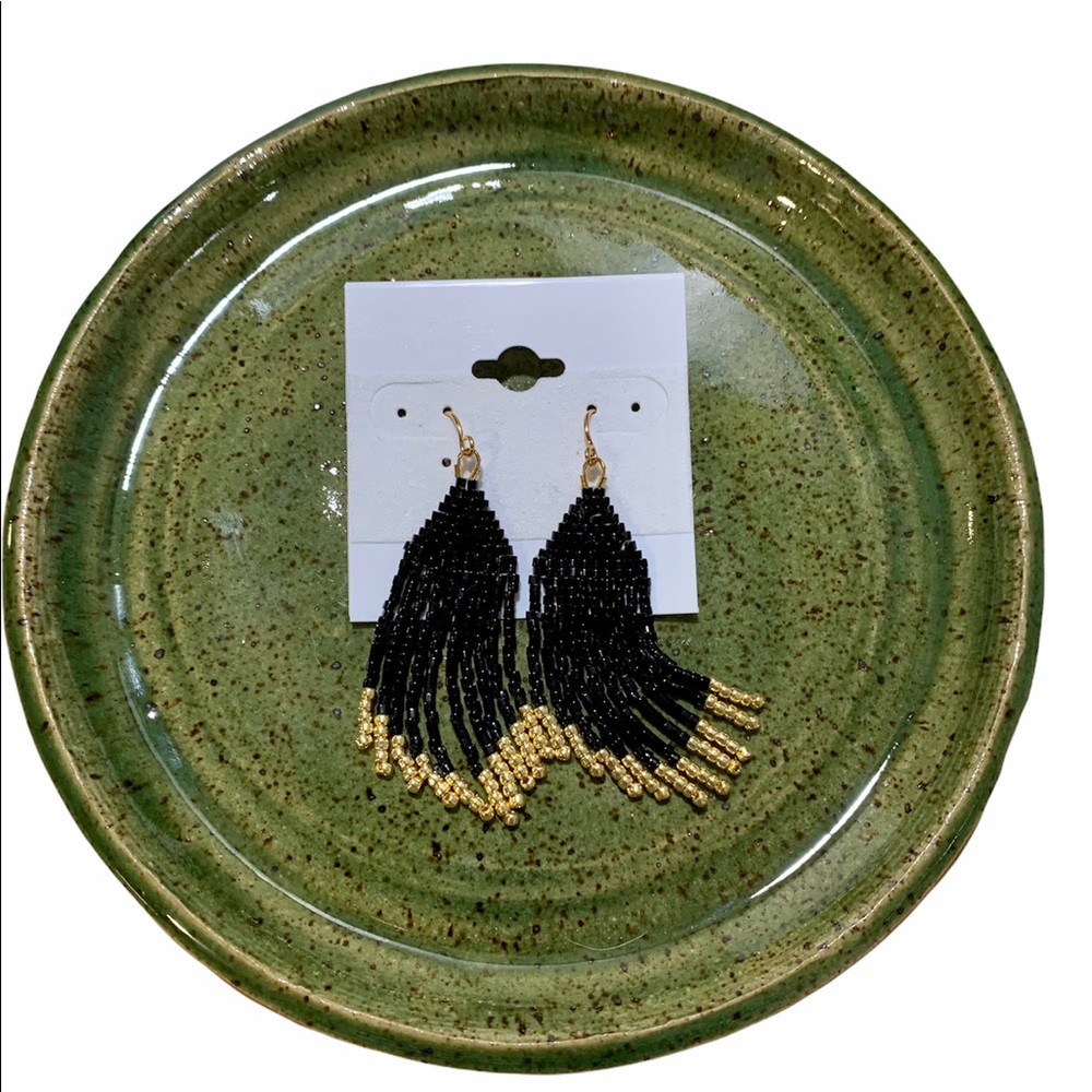 Black and Gold Bead Fringe Earrings